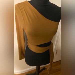 Dzosa Size Large One-Shoulder Tan-Brown Tie Waist  Women's Crop Top